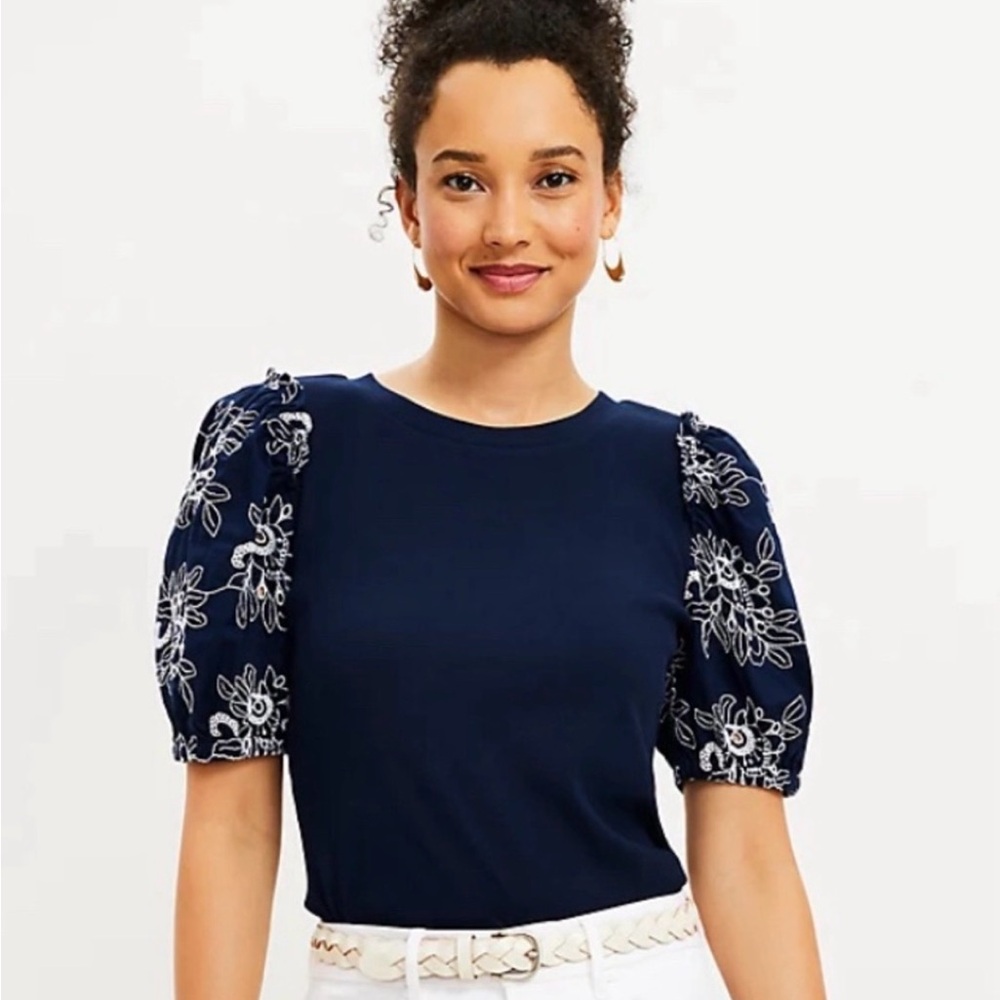 LOFT Navy Blue Puff Embroidered Sleeve Top Medium